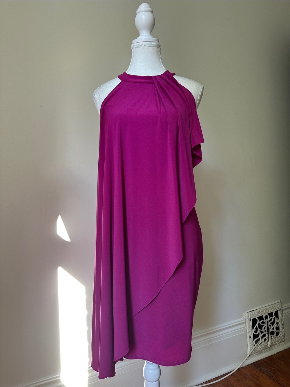 LE CHATEAU Y2K Fuschia Halter Neck Faux Cape Formal Wedding Guest Midi Dress XS